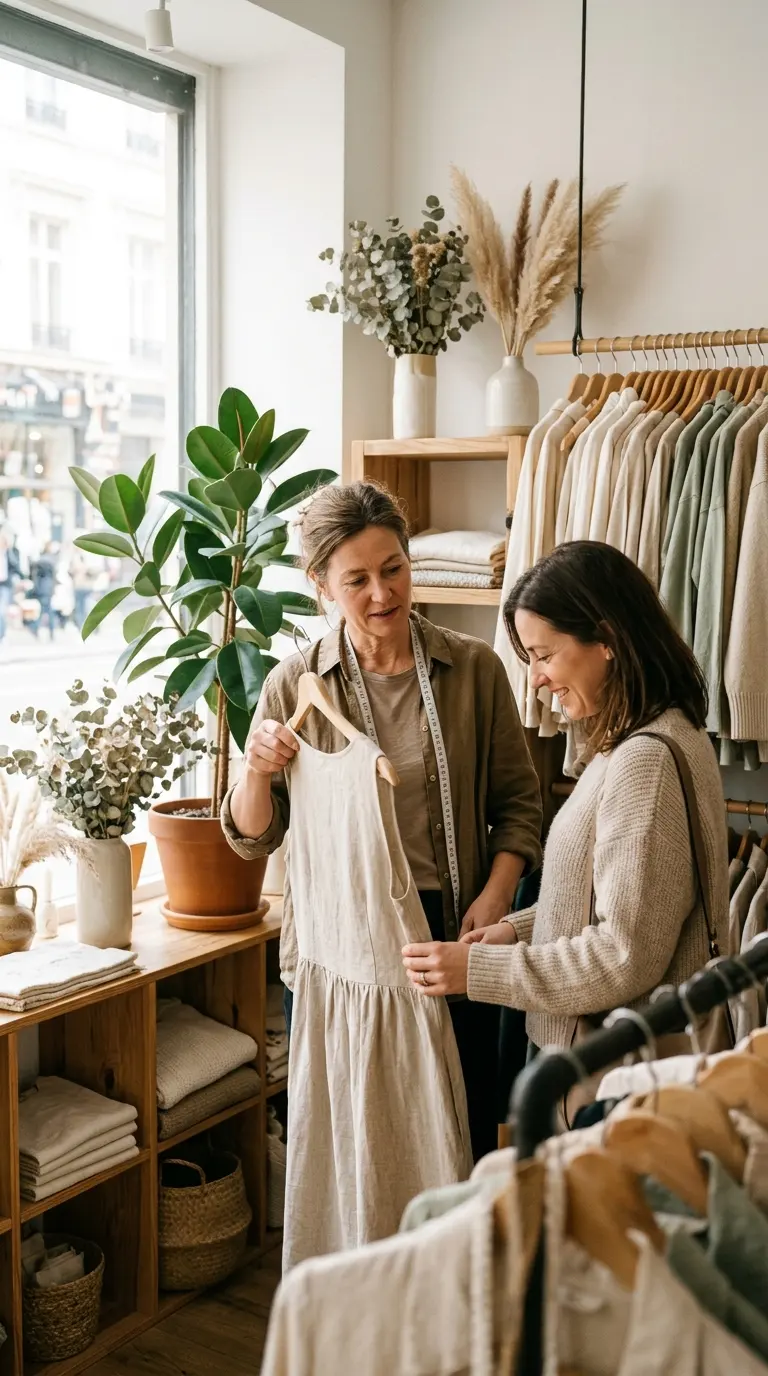 A boutique owner helping a customer in her shop.