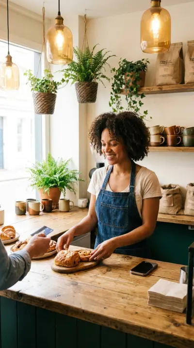 A cafe owner arranging pastries on her counter.