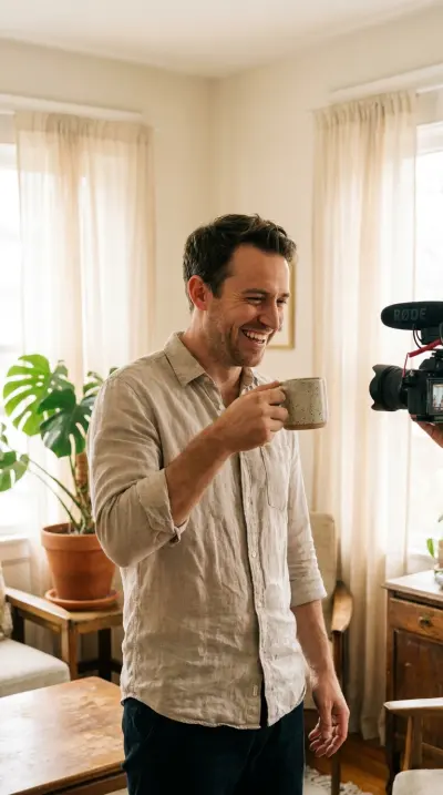 A creator laughing with a mug in his hand.